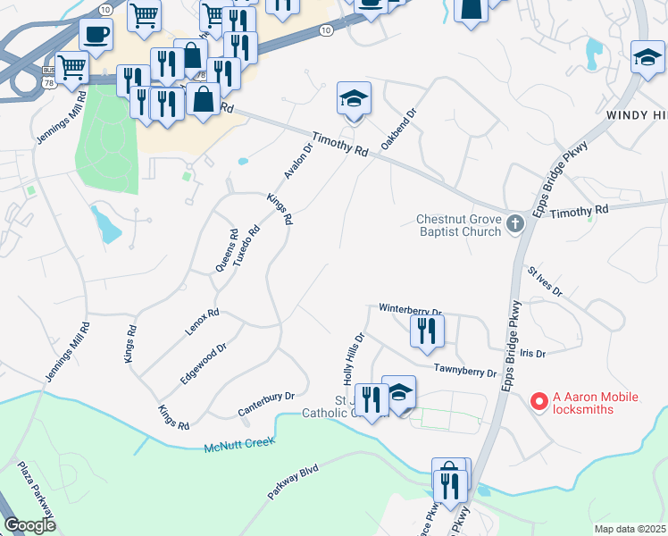 map of restaurants, bars, coffee shops, grocery stores, and more near 72 Lenox Road in Athens