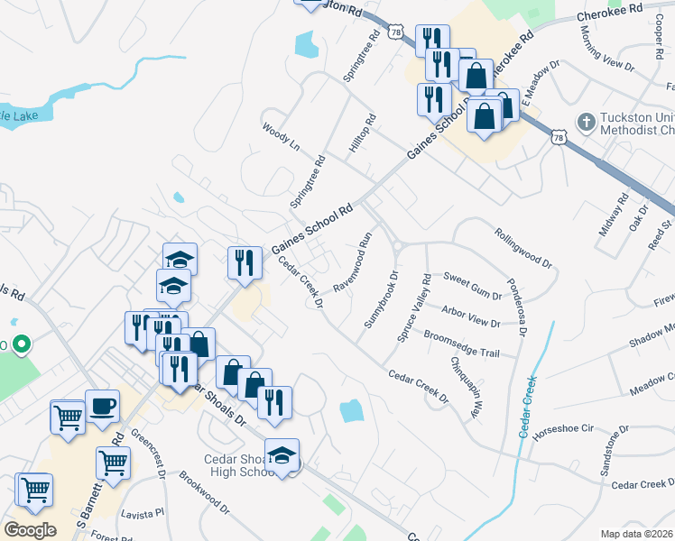 map of restaurants, bars, coffee shops, grocery stores, and more near 254 Cedar Pointe Drive in Athens