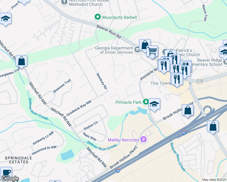 map of restaurants, bars, coffee shops, grocery stores, and more near 5342 Goodwick Way Northwest in Norcross