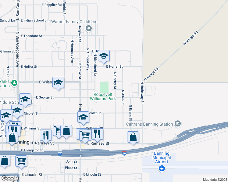map of restaurants, bars, coffee shops, grocery stores, and more near 685 North Cherry Street in Banning