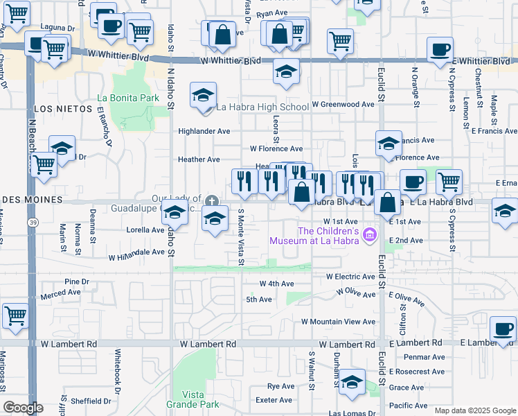 map of restaurants, bars, coffee shops, grocery stores, and more near 720 West La Habra Boulevard in La Habra
