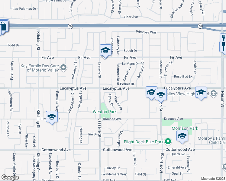 map of restaurants, bars, coffee shops, grocery stores, and more near 26110 Biloxi Drive in Moreno Valley