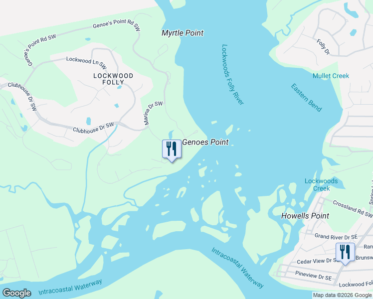 map of restaurants, bars, coffee shops, grocery stores, and more near 93 Genoe's Point Road Southwest in Brunswick County