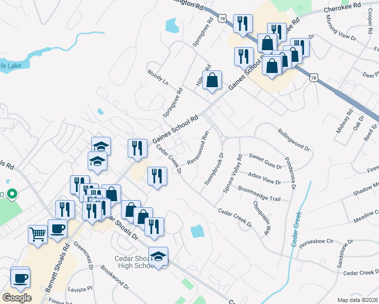 map of restaurants, bars, coffee shops, grocery stores, and more near 254 Cedar Pointe Drive in Athens