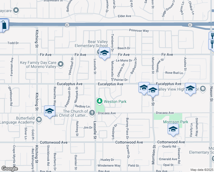 map of restaurants, bars, coffee shops, grocery stores, and more near 26094 Biloxi Drive in Moreno Valley