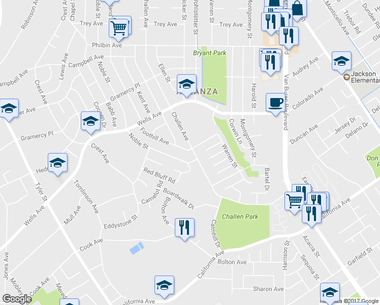 map of restaurants, bars, coffee shops, grocery stores, and more near 4960 Challen Avenue in Riverside