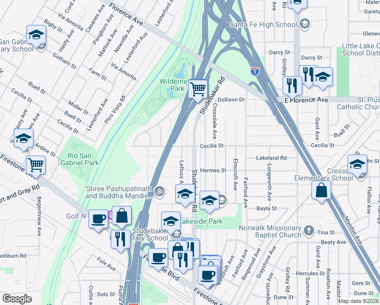 map of restaurants, bars, coffee shops, grocery stores, and more near 11213 Studebaker Road in Norwalk