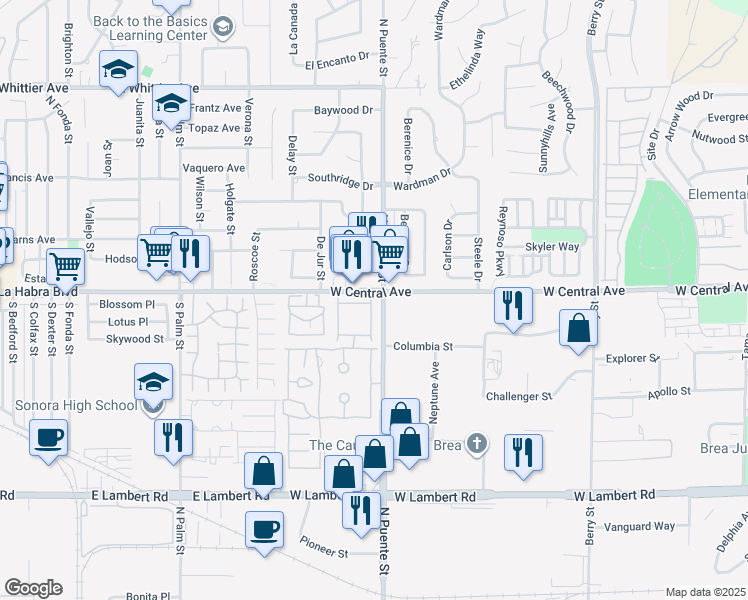 map of restaurants, bars, coffee shops, grocery stores, and more near 655 Wood Lake Drive in Brea