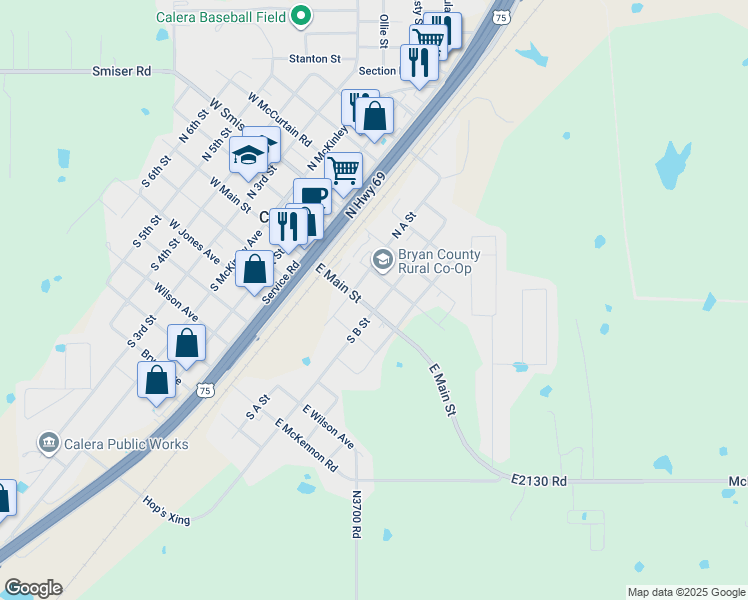 map of restaurants, bars, coffee shops, grocery stores, and more near 101 North B Street in Calera