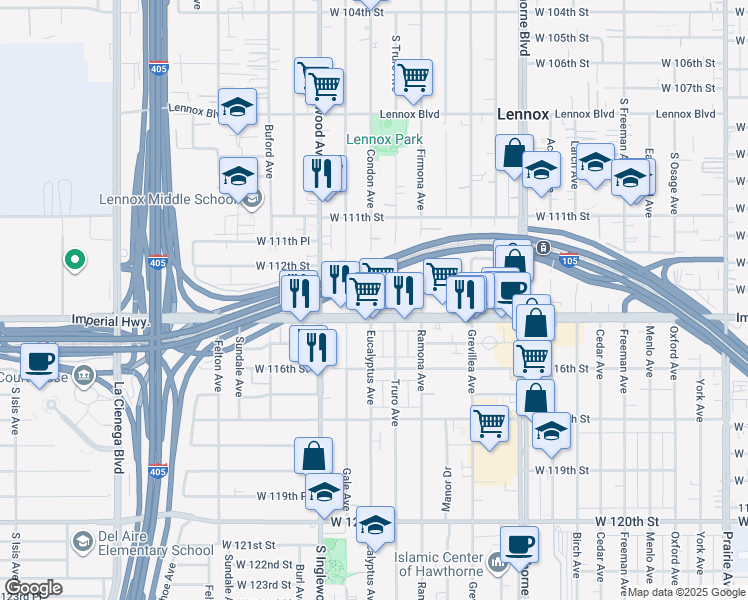 map of restaurants, bars, coffee shops, grocery stores, and more near 11316 Condon Avenue in Inglewood