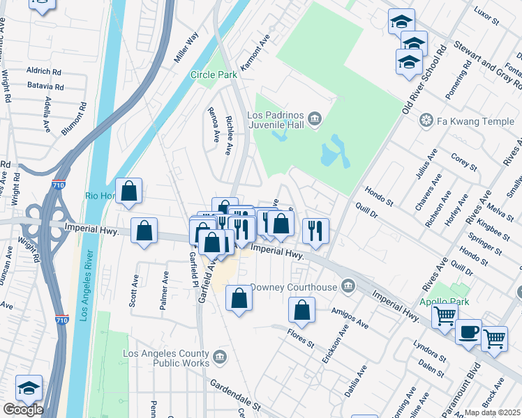 map of restaurants, bars, coffee shops, grocery stores, and more near 10730 Madge Avenue in South Gate