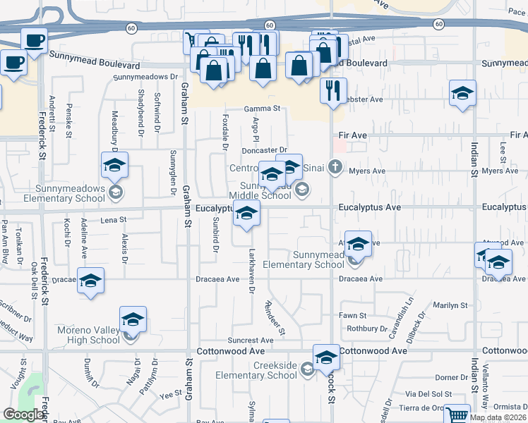 map of restaurants, bars, coffee shops, grocery stores, and more near 13013 Running Deer Road in Moreno Valley