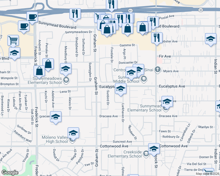 map of restaurants, bars, coffee shops, grocery stores, and more near 13012 Sunbird Drive in Moreno Valley