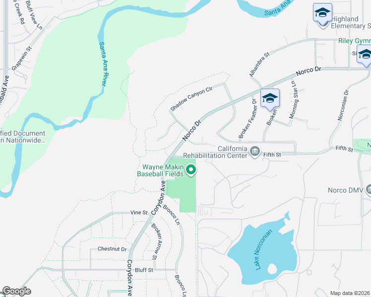 map of restaurants, bars, coffee shops, grocery stores, and more near 3090 Norco Drive in Norco