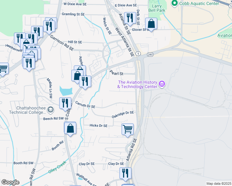 map of restaurants, bars, coffee shops, grocery stores, and more near 290 Henry Street in Marietta