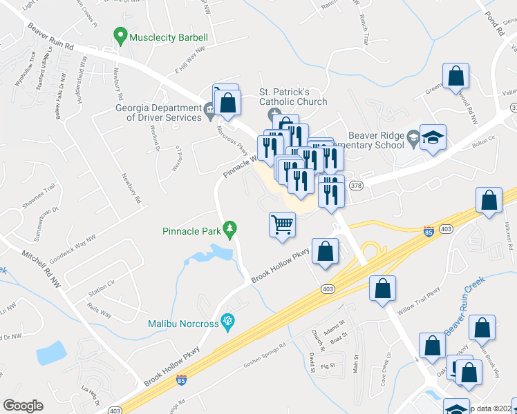 map of restaurants, bars, coffee shops, grocery stores, and more near 5323 Pinnacle Peak Lane in Norcross