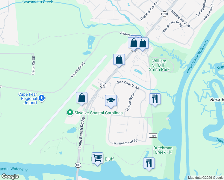 map of restaurants, bars, coffee shops, grocery stores, and more near 5012 Glen Cove Drive Southeast in Southport