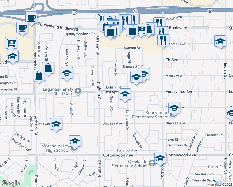 map of restaurants, bars, coffee shops, grocery stores, and more near 13013 Goldfinch Street in Moreno Valley