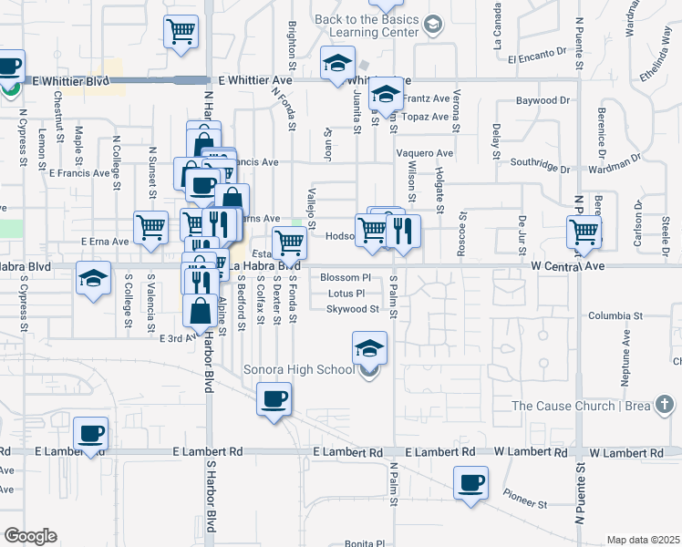 map of restaurants, bars, coffee shops, grocery stores, and more near 1921 Blossom Place in Brea