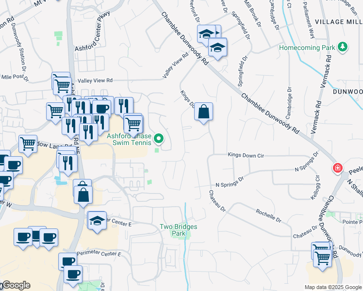 map of restaurants, bars, coffee shops, grocery stores, and more near 4614 Devonshire Road in Dunwoody