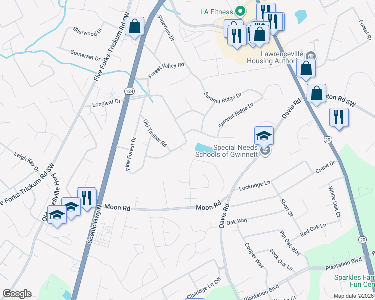 map of restaurants, bars, coffee shops, grocery stores, and more near 352 Maple Wood Drive in Lawrenceville