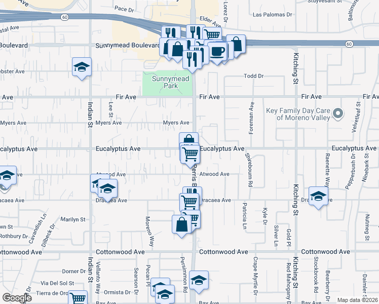 map of restaurants, bars, coffee shops, grocery stores, and more near 13027 Perris Boulevard in Moreno Valley