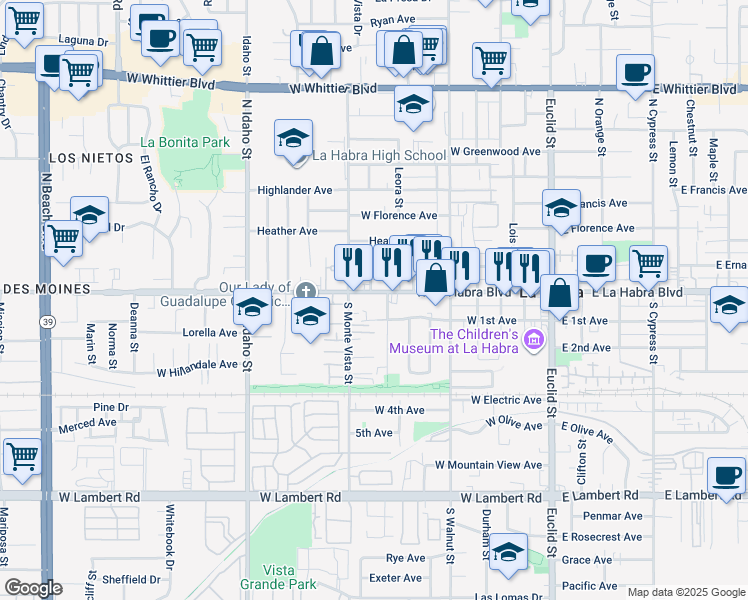 map of restaurants, bars, coffee shops, grocery stores, and more near 720 West La Habra Boulevard in La Habra