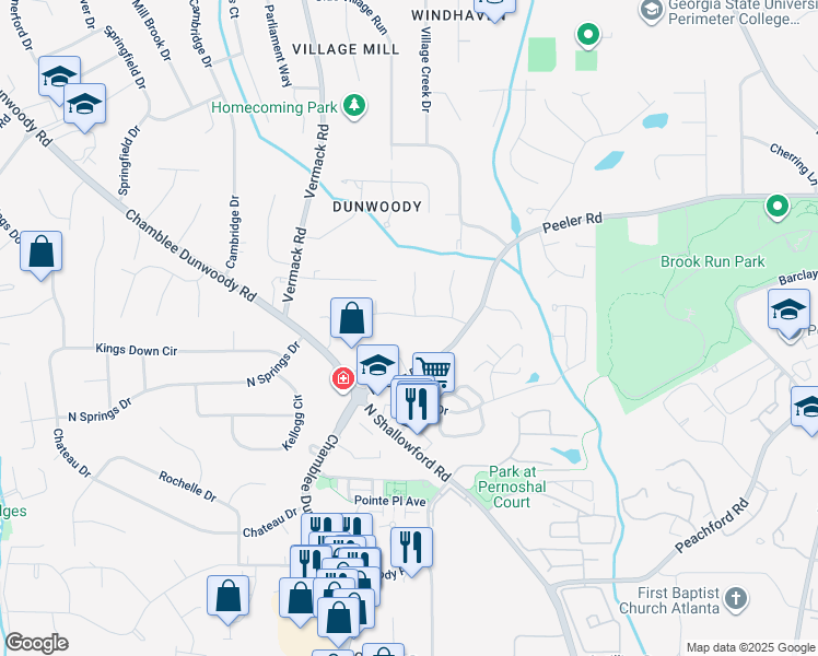 map of restaurants, bars, coffee shops, grocery stores, and more near 1869 Village Mill Road in Dunwoody