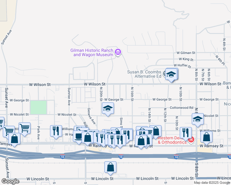 map of restaurants, bars, coffee shops, grocery stores, and more near 694 North 18th Street in Banning