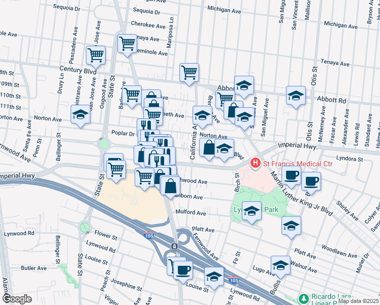 map of restaurants, bars, coffee shops, grocery stores, and more near 11109 California Avenue in Lynwood