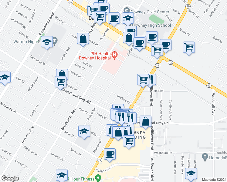 map of restaurants, bars, coffee shops, grocery stores, and more near 8629 Buckles Street in Downey