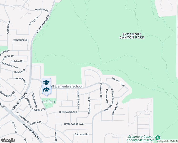 map of restaurants, bars, coffee shops, grocery stores, and more near 6527 Blackwood Street in Riverside