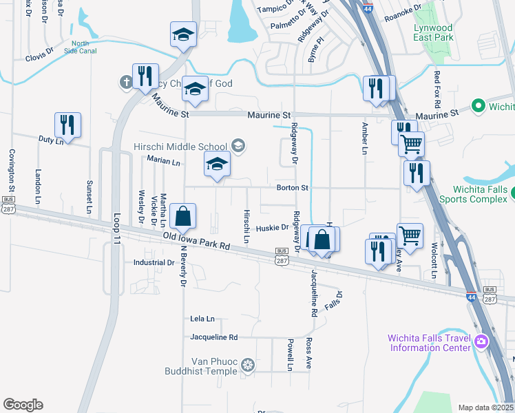map of restaurants, bars, coffee shops, grocery stores, and more near 3016 Spearman Drive in Wichita Falls