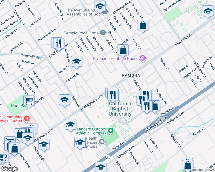 map of restaurants, bars, coffee shops, grocery stores, and more near 8471 Magnolia Avenue in Riverside