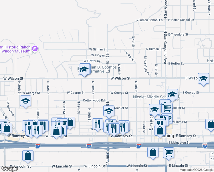 map of restaurants, bars, coffee shops, grocery stores, and more near 973 Halfmoon Court North in Banning