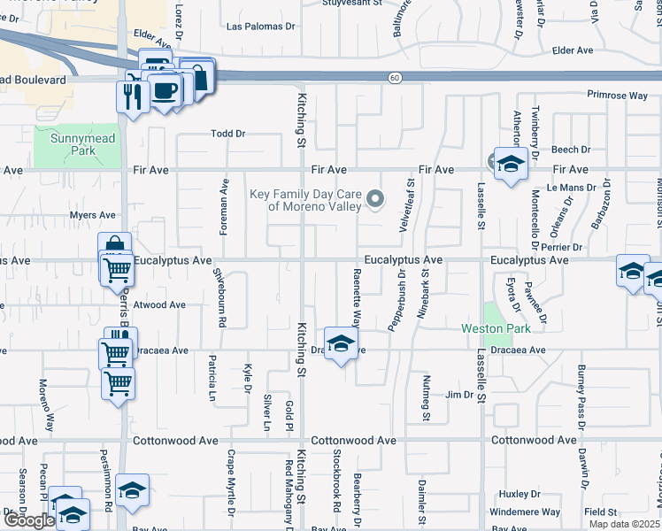 map of restaurants, bars, coffee shops, grocery stores, and more near 13005 Sweetspice Street in Moreno Valley