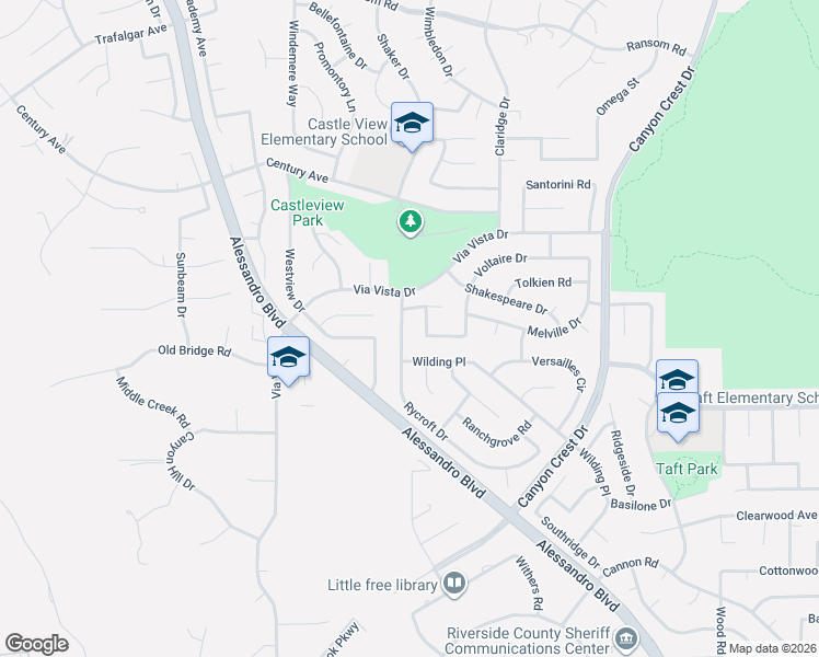 map of restaurants, bars, coffee shops, grocery stores, and more near 6544 Rycroft Drive in Riverside
