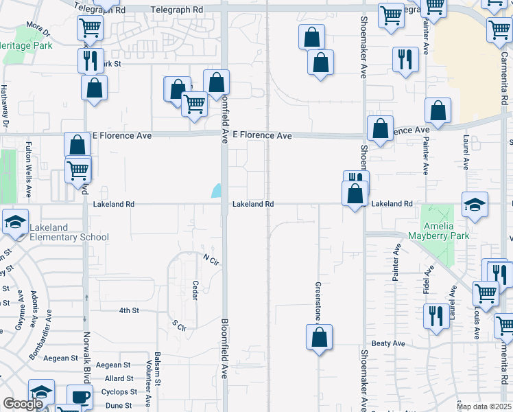 map of restaurants, bars, coffee shops, grocery stores, and more near 11020 Bloomfield Avenue in Santa Fe Springs