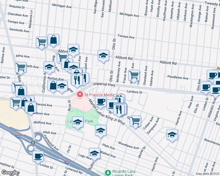 map of restaurants, bars, coffee shops, grocery stores, and more near 11032 Carson Drive in Lynwood