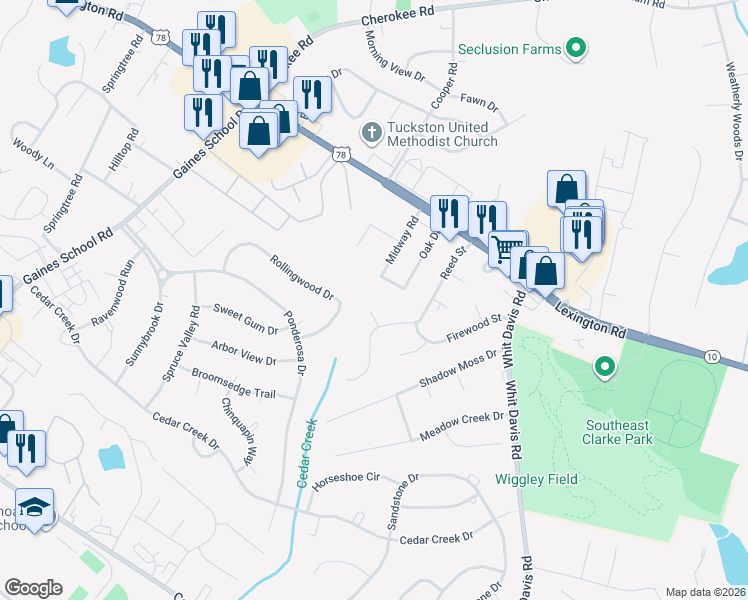 map of restaurants, bars, coffee shops, grocery stores, and more near 120 Cooper Springs Court in Athens