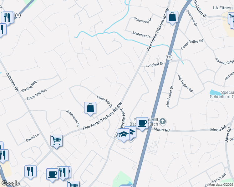map of restaurants, bars, coffee shops, grocery stores, and more near 843 Bedford Bay Trail in Lawrenceville