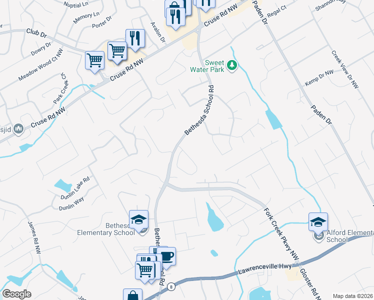 map of restaurants, bars, coffee shops, grocery stores, and more near 665 Highbranch Circle in Lawrenceville