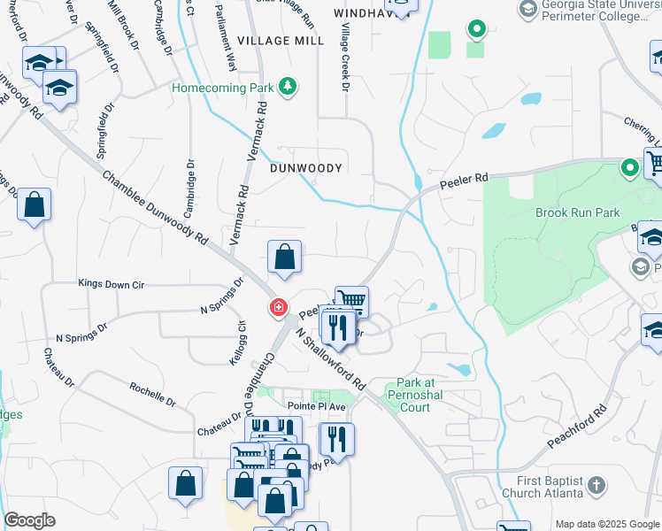 map of restaurants, bars, coffee shops, grocery stores, and more near 1869 Village Mill Road in Dunwoody