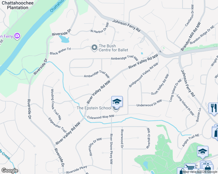 map of restaurants, bars, coffee shops, grocery stores, and more near 390 River Valley Road Northwest in Atlanta