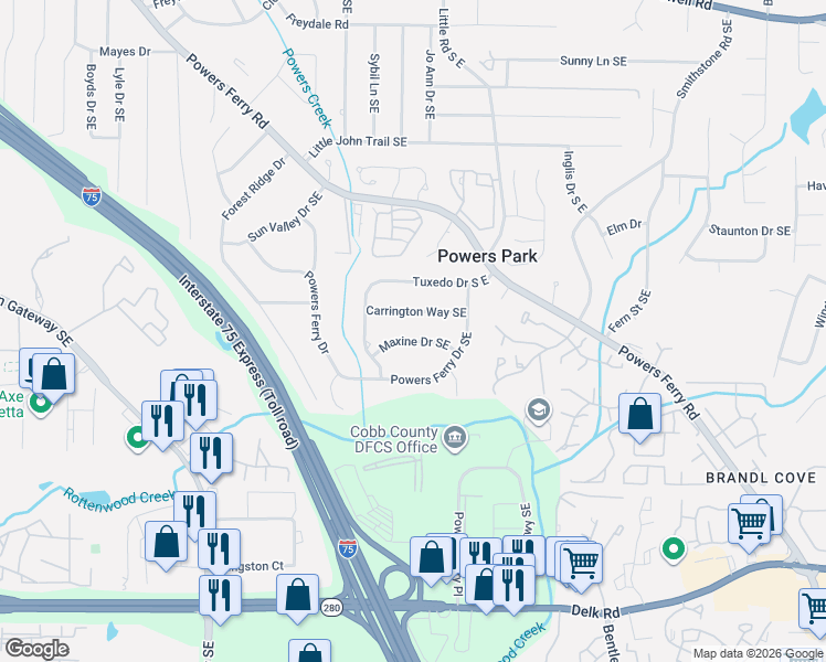 map of restaurants, bars, coffee shops, grocery stores, and more near 2329 Maxine Drive Southeast in Marietta
