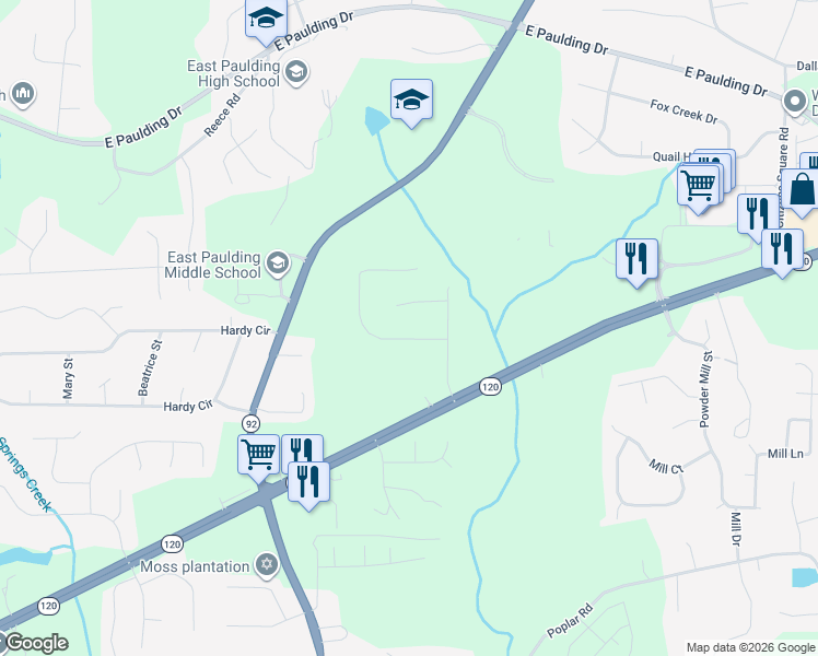 map of restaurants, bars, coffee shops, grocery stores, and more near 82 Fox Ridge Court in Dallas
