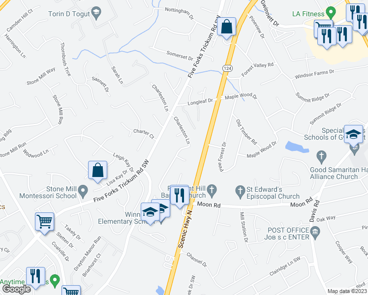 map of restaurants, bars, coffee shops, grocery stores, and more near 464 Charleston Lane in Lawrenceville
