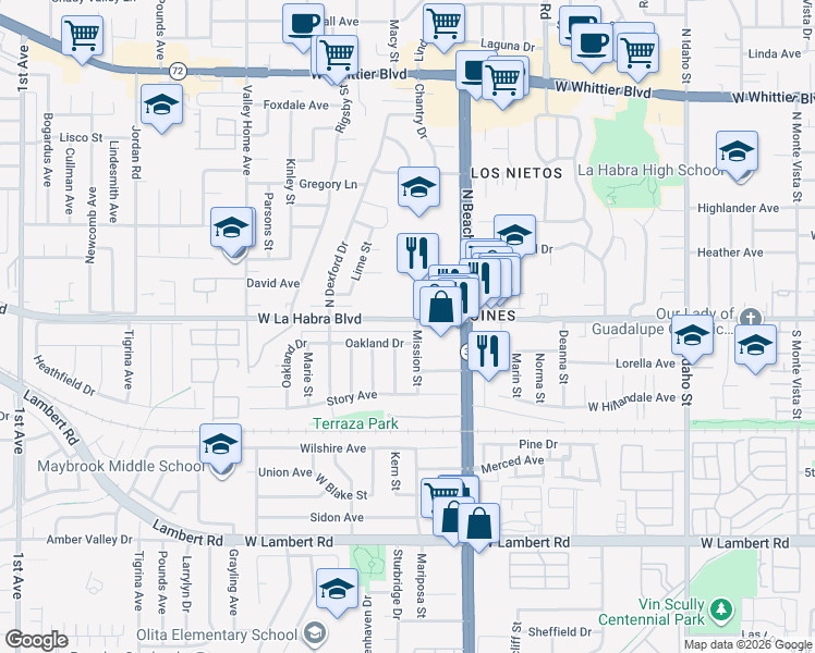 map of restaurants, bars, coffee shops, grocery stores, and more near 2220 West La Habra Boulevard in La Habra