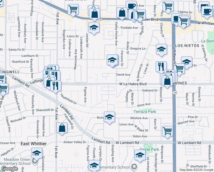 map of restaurants, bars, coffee shops, grocery stores, and more near 16526 Leffingwell Road in Whittier