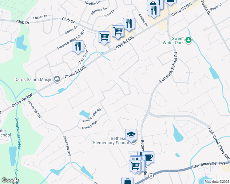 map of restaurants, bars, coffee shops, grocery stores, and more near 2921 Dunlin Ct in Lawrenceville